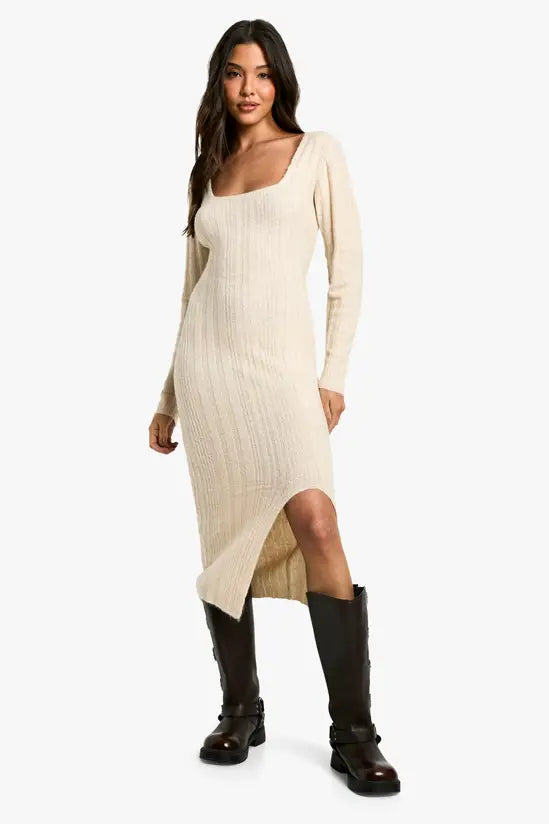 boohoo Square Neck Mixed Rib Knitted Midaxi Dress