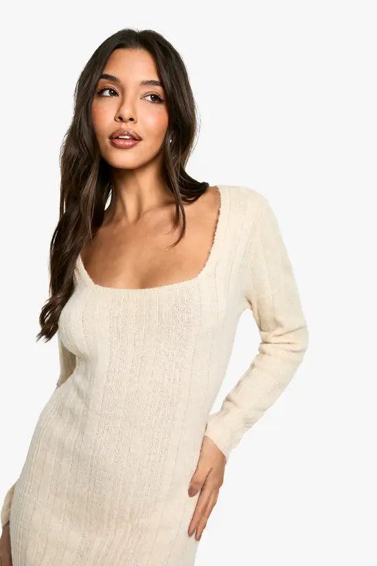 boohoo Square Neck Mixed Rib Knitted Midaxi Dress