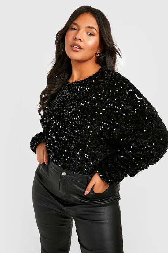 boohoo Plus Velvet Sequin Long Sleeve Bodysuit