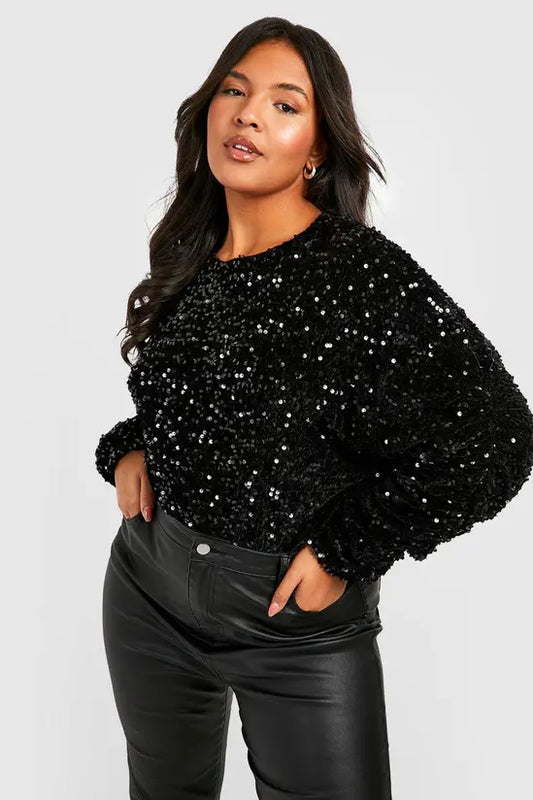 boohoo Plus Velvet Sequin Long Sleeve Bodysuit