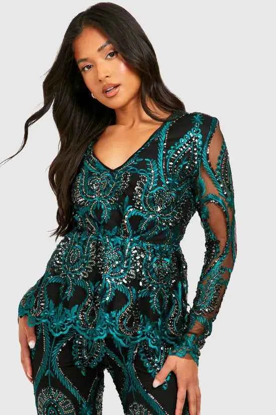 boohoo Petite Damask Sequin Peplum Top