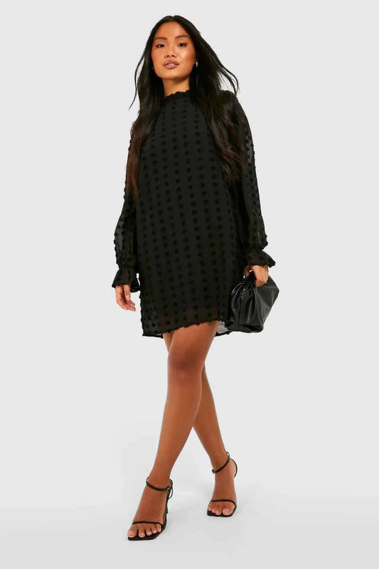 boohoo Petite Dobby Textured High Neck Shift Dress