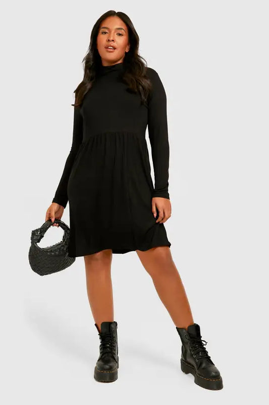 boohoo Plus Basic Roll Neck Peplum Smock Dress