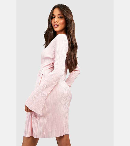 boohoo Plisse Flare Cuff Wrap Dress