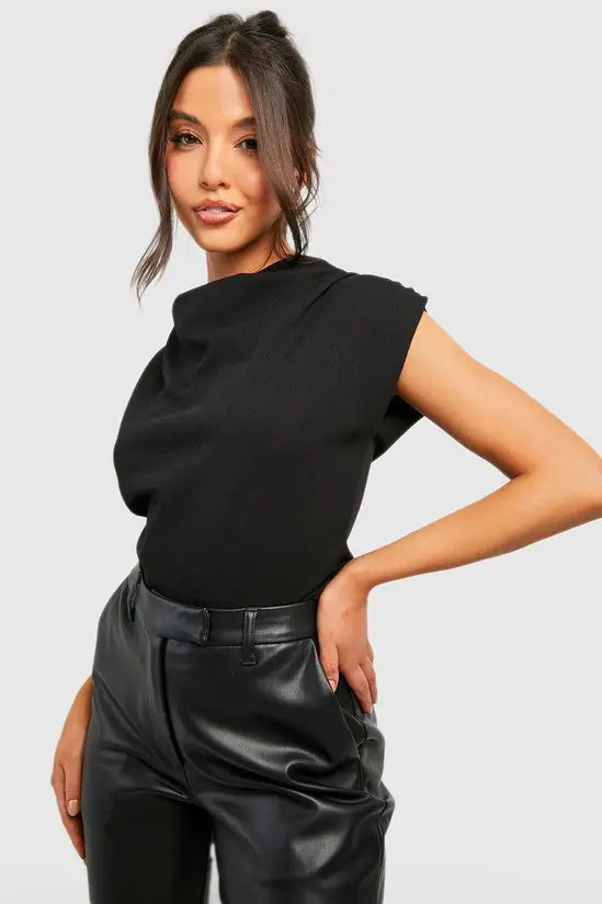 Boohoo Cowl Neck Crepe Shoulder Pad Blouse
