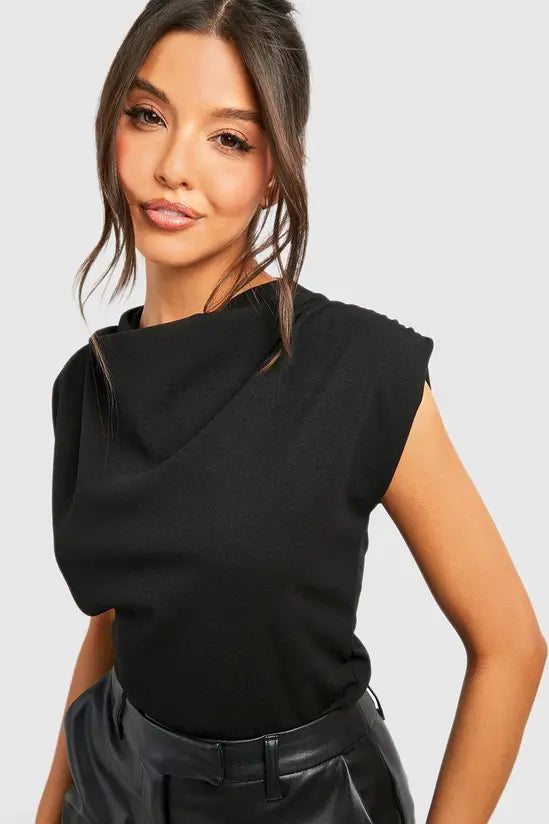 Boohoo Cowl Neck Crepe Shoulder Pad Blouse