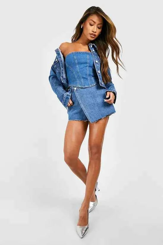 Boohoo - Wrap Waist Raw Hem Denim Skort