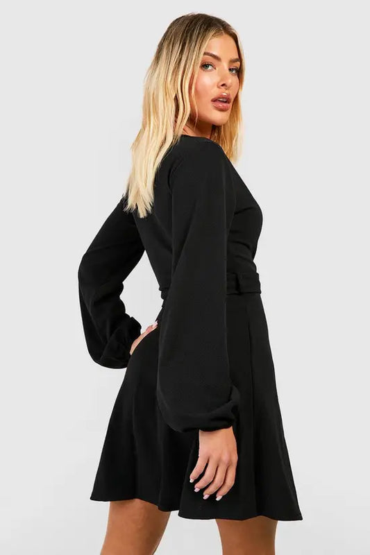 Boohoo - Blouson Sleeve Wrap Skater Dress