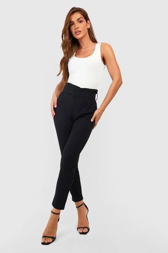 boohoo High Waisted Buckle Belted Cigarette Trousers
