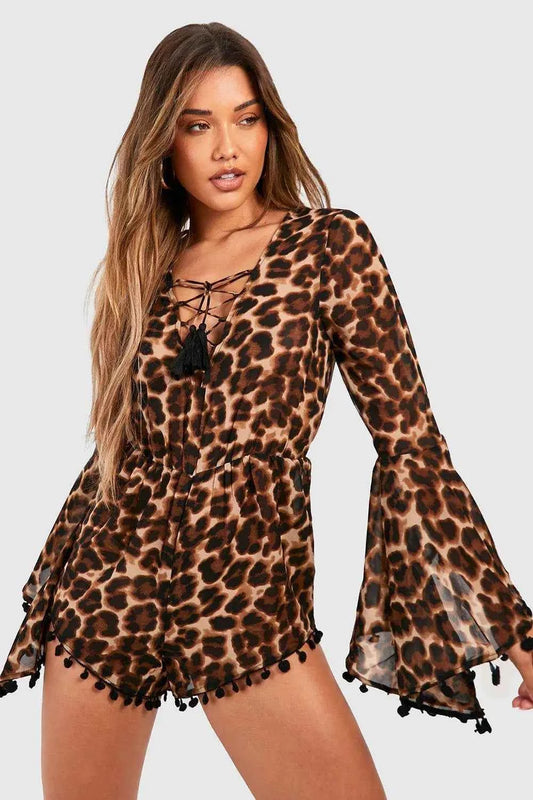 boohoo Leopard Chiffon Lace Up Flared Sleeve Beach Playsuit