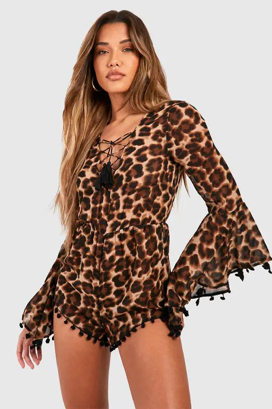 boohoo Leopard Chiffon Lace Up Flared Sleeve Beach Playsuit