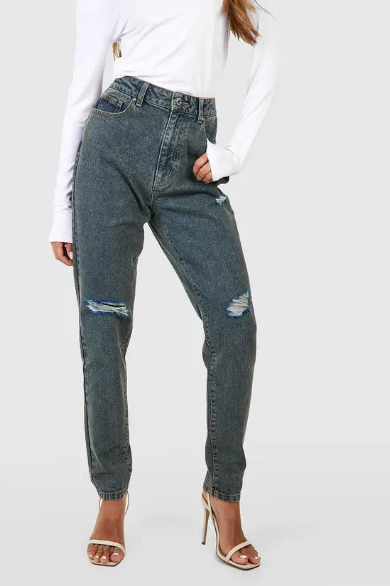 boohoo Basics High Waisted Ripped Mom Jeans