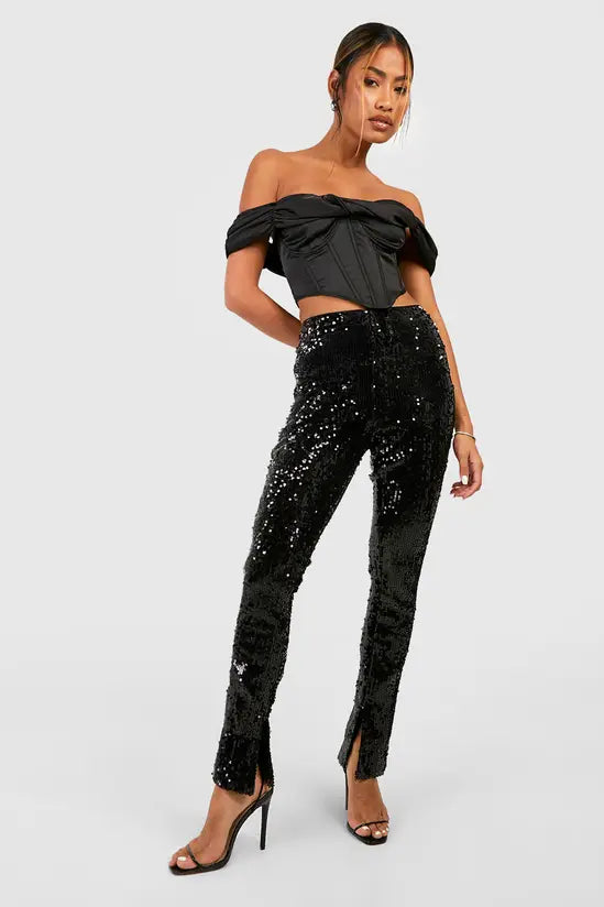 boohoo Sequin Mid Rise Split Hem Trousers