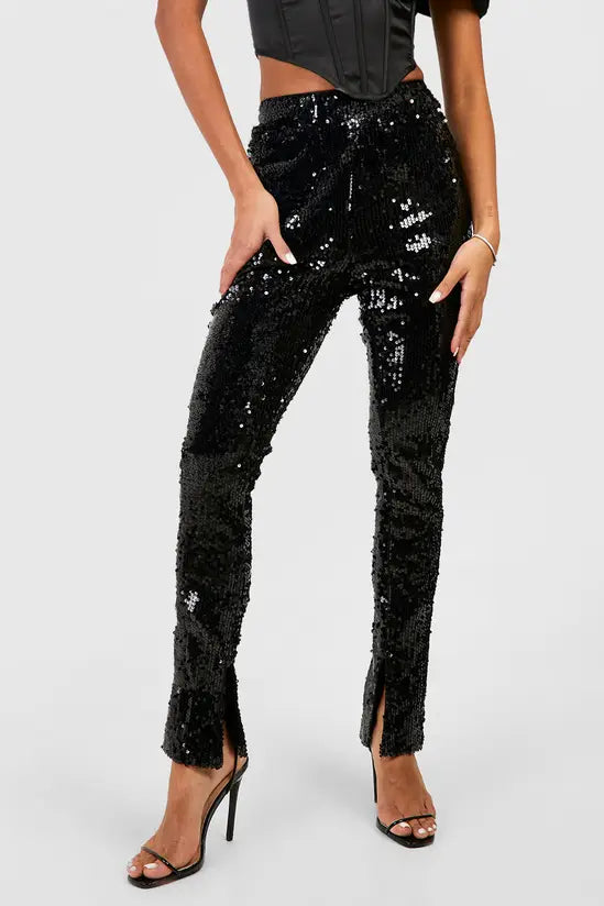 boohoo Sequin Mid Rise Split Hem Trousers