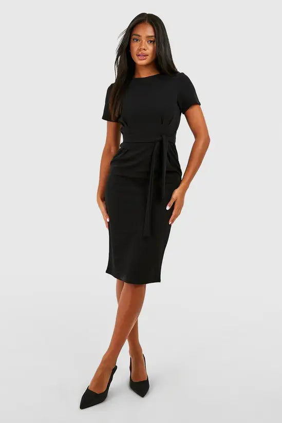 boohoo Jersey Crepe Pleat Front Belted Midi Dress