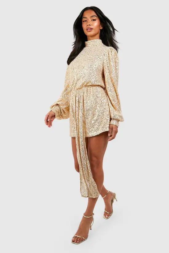 boohoo Petite Sequin High Neck Volume Sleeve Playsuit