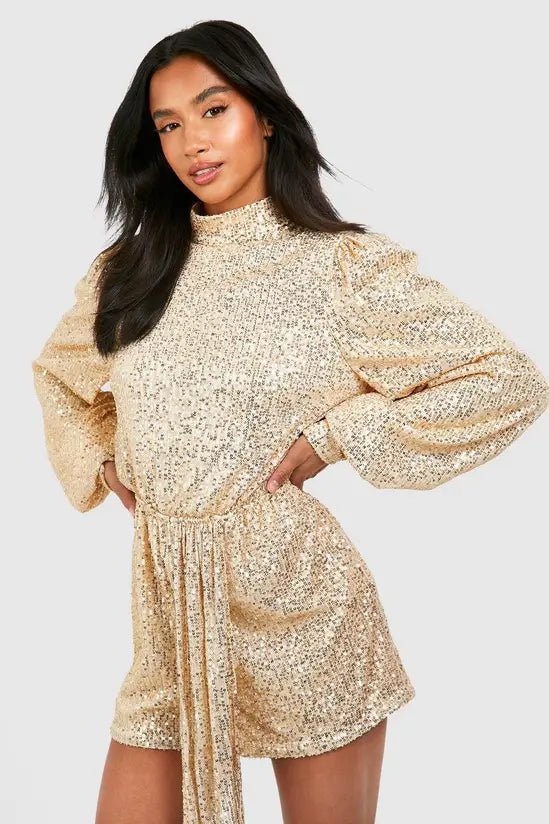 boohoo Petite Sequin High Neck Volume Sleeve Playsuit