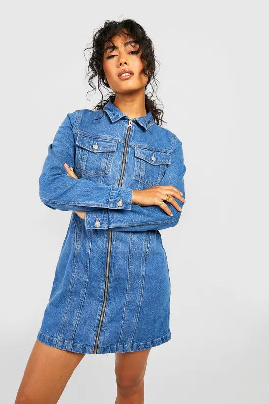 boohoo Zip Through Western Denim Shirt Dress