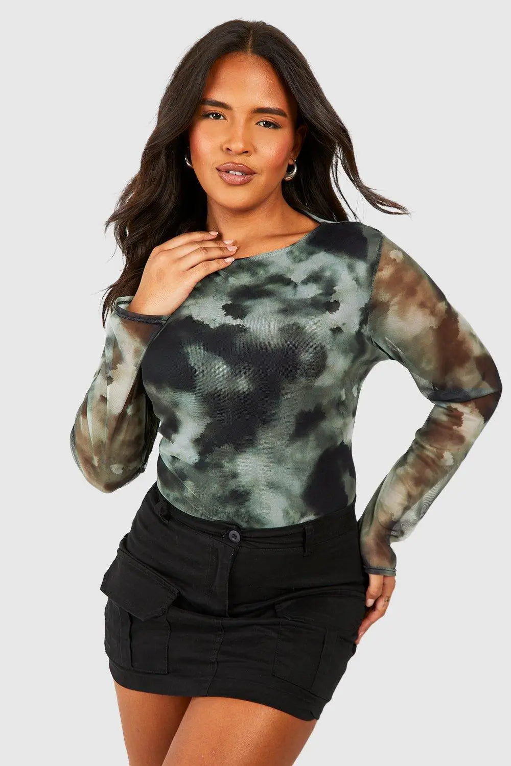 boohoo Plus Abstract Mesh Long Sleeve Top