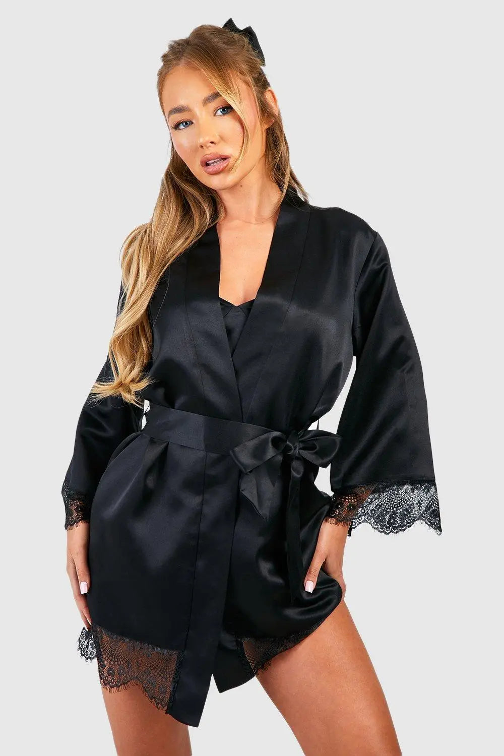 boohoo Satin Lace Trim Robe