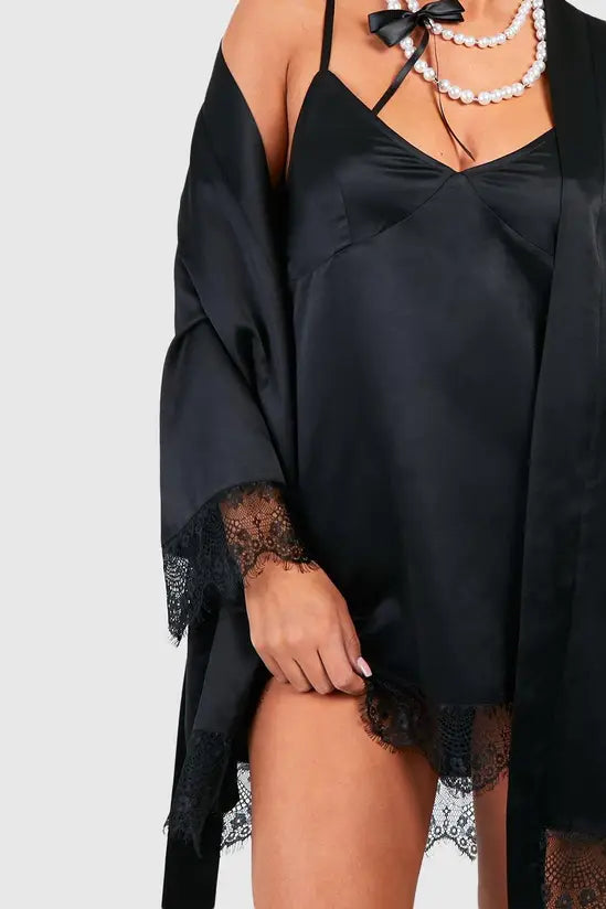 boohoo Satin Lace Trim Robe