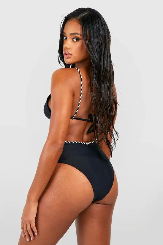 boohoo Monochrome Rope Detail Triangle Bikini Top & High Waist Bikini Bottoms Set