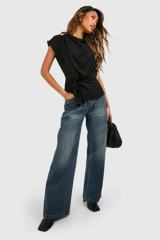 Boohoo Hammered Knot Front Cowl Neck Blouse