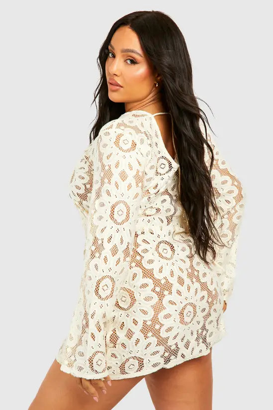 Booohoo Plus Long Sleeve Mini Beach Dress
