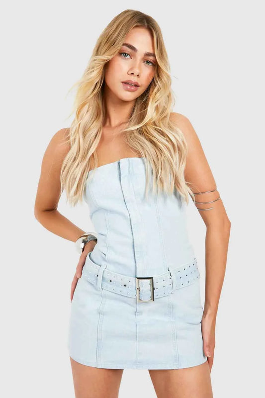 Boohoo - Belted Bandeau Denim Mini Dress