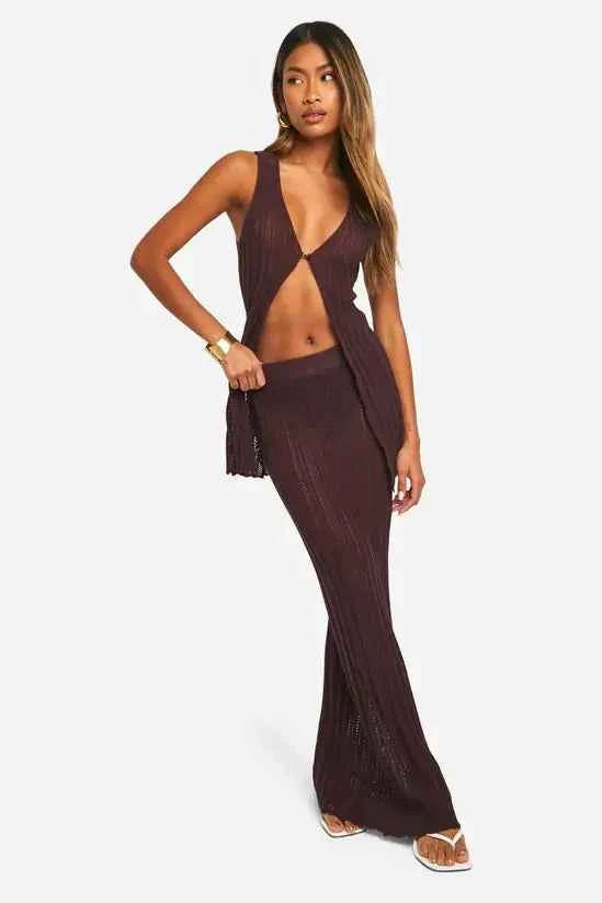 boohoo Crochet Waistcoat And Maxi Skirt Knitted Set