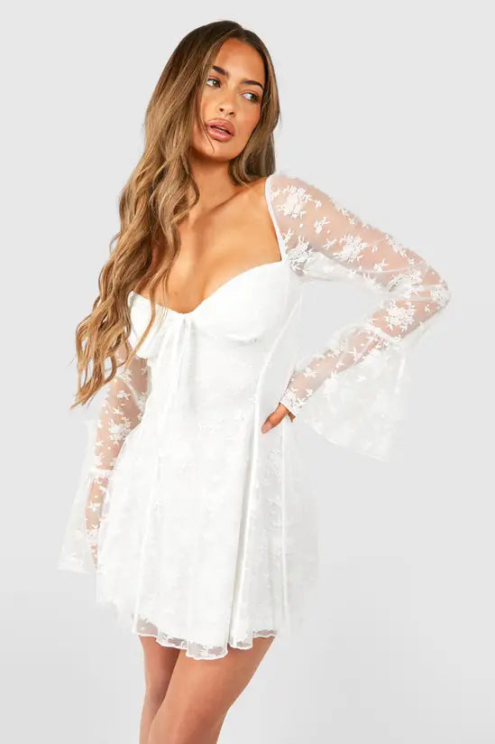 boohoo Lace Baby Doll Flare Sleeve Mini Dress