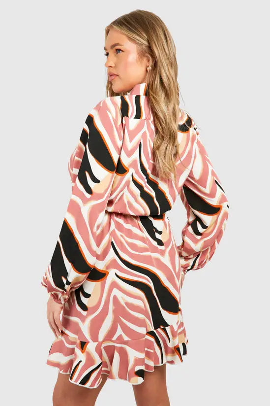 boohoo Plus Woven Abstract Floral Print Wrap Mini Dress