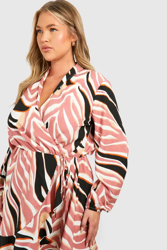 boohoo Plus Woven Abstract Floral Print Wrap Mini Dress