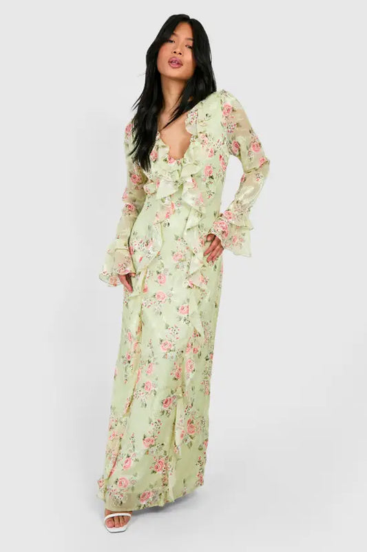 boohoo Petite Ruffle Floral Jacquard Chiffon Maxi Dress