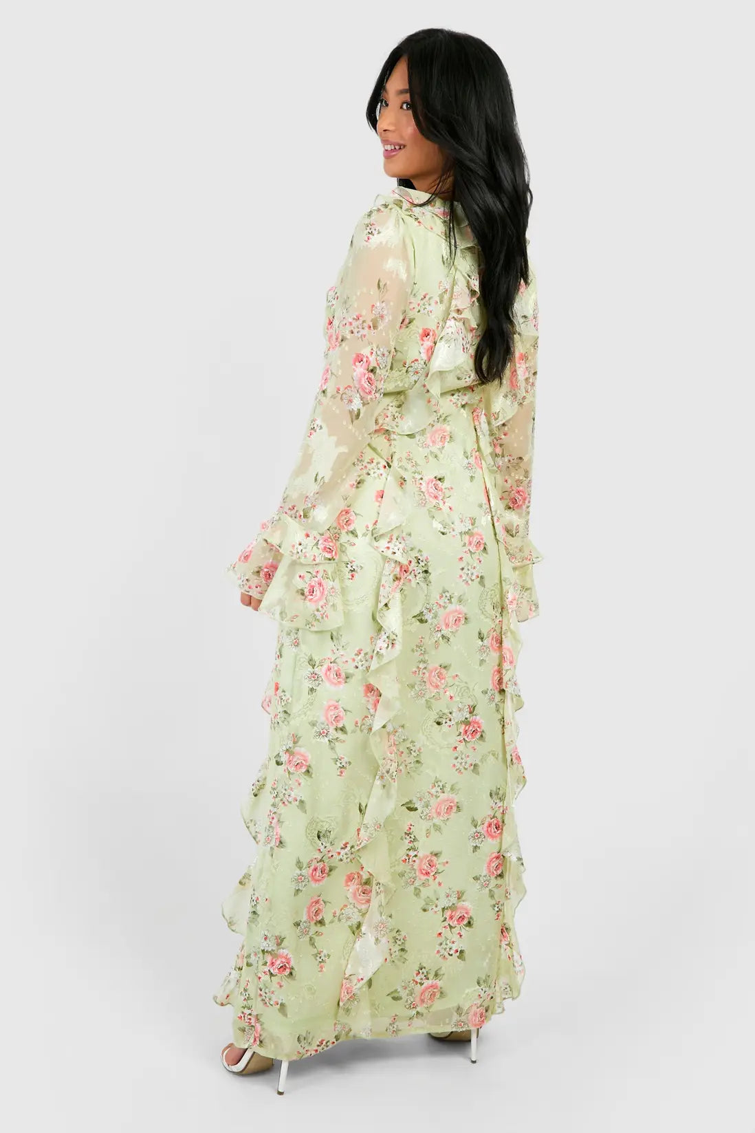 boohoo Petite Ruffle Floral Jacquard Chiffon Maxi Dress