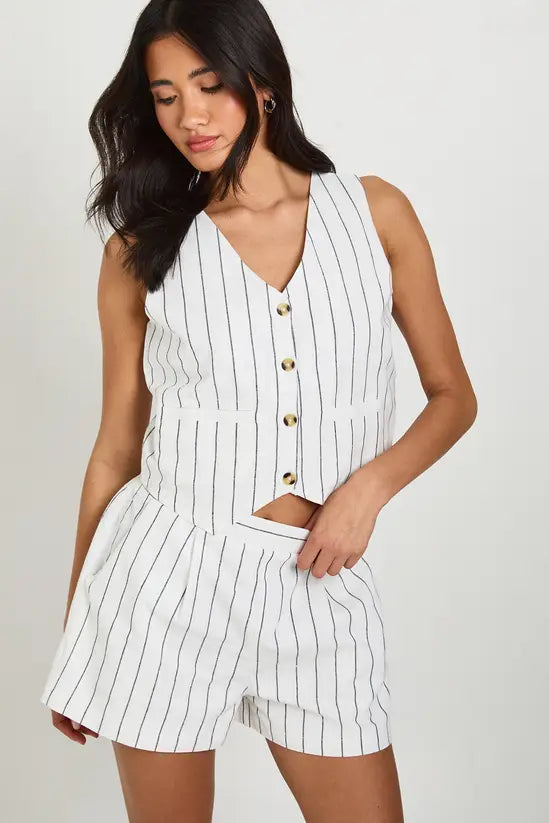 boohoo Linen Look Striped Waistcoat & Relaxed Fit Shorts SET