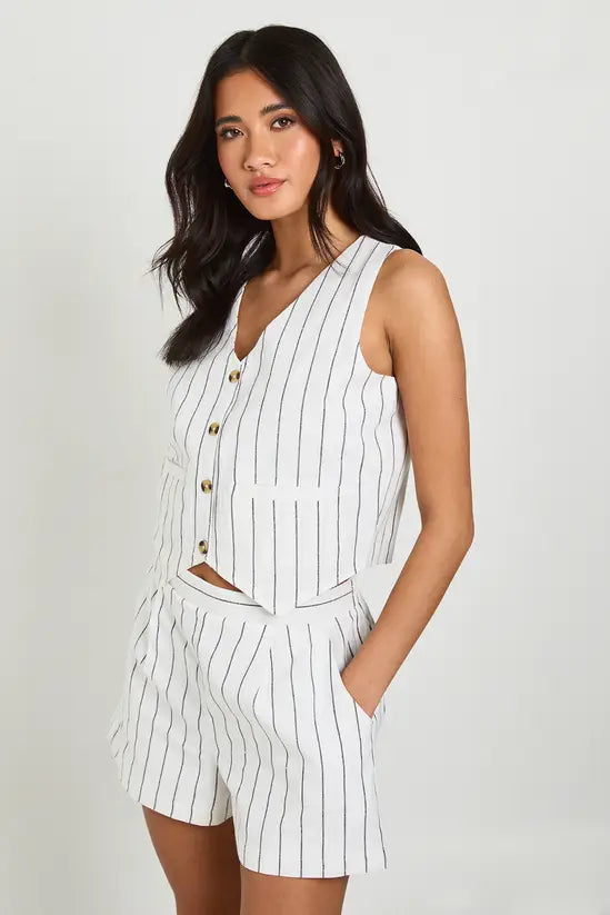 boohoo Linen Look Striped Waistcoat & Relaxed Fit Shorts SET