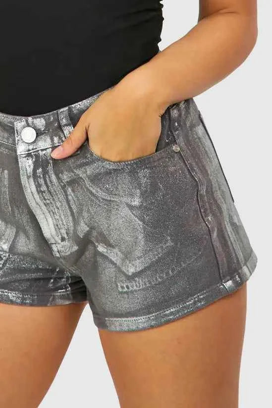 Boohoo Petite Silver Metallic Denim Shorts