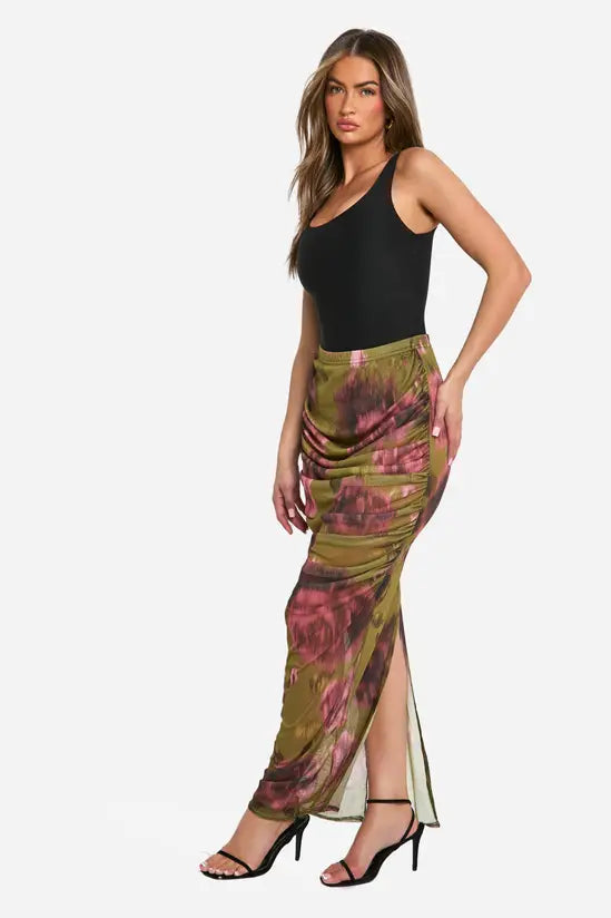 boohoo Floral Mesh Ruched Maxi Skirt
