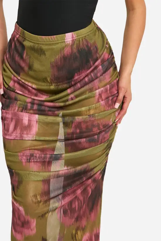 boohoo Floral Mesh Ruched Maxi Skirt