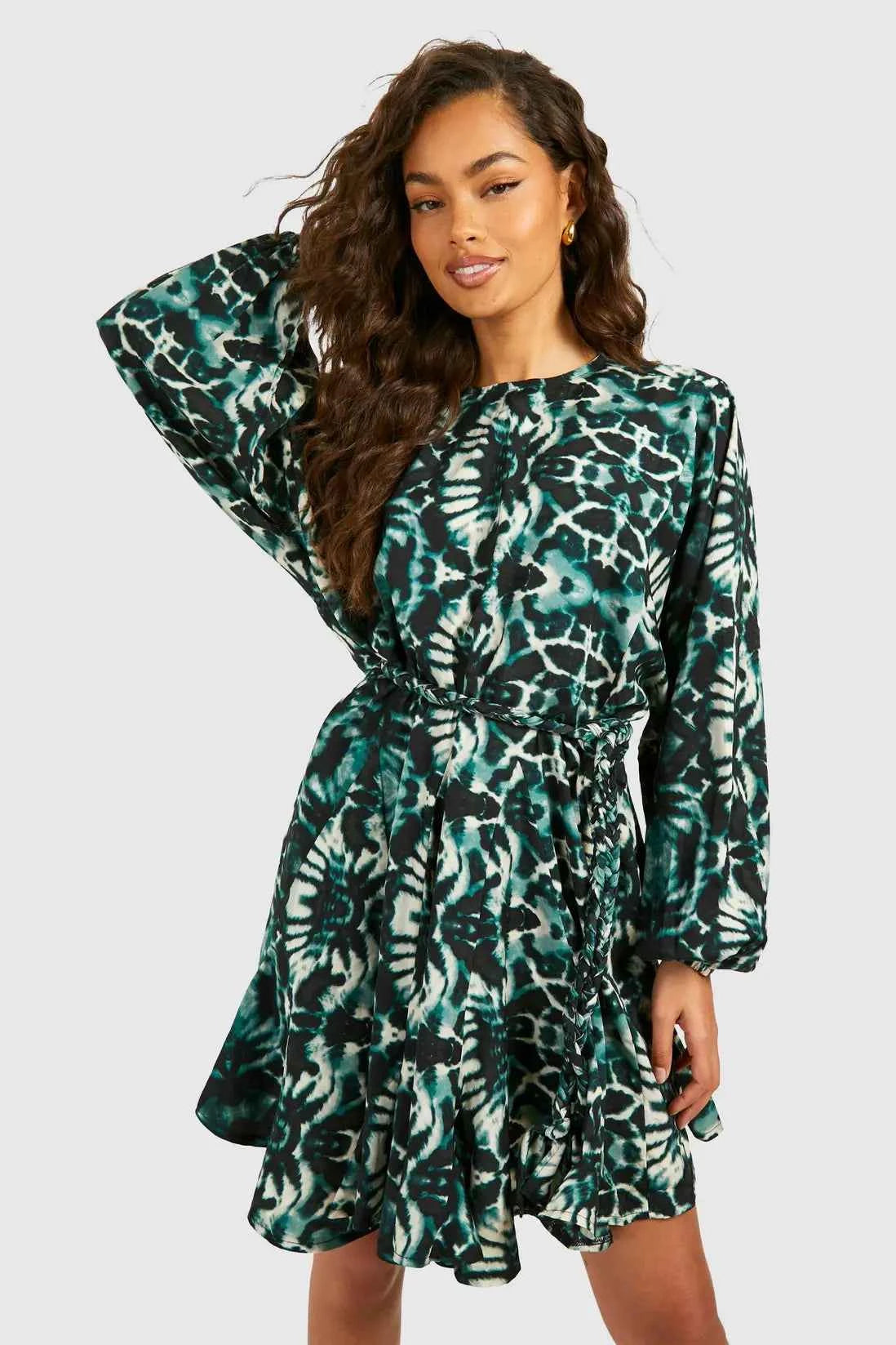 boohoo Blue Blur Print Godet Mini Dress