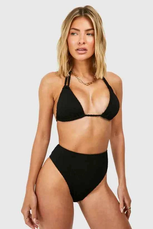 boohoo Textured Triangle Bikini Top & High Waisted Bikini Bottoms Set