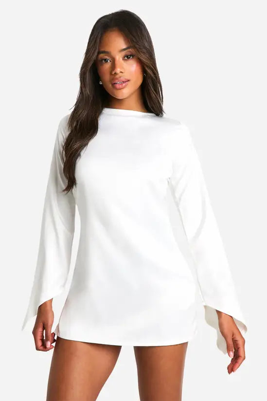 boohoo Satin Flared Sleeve Cowl Back Mini Dress