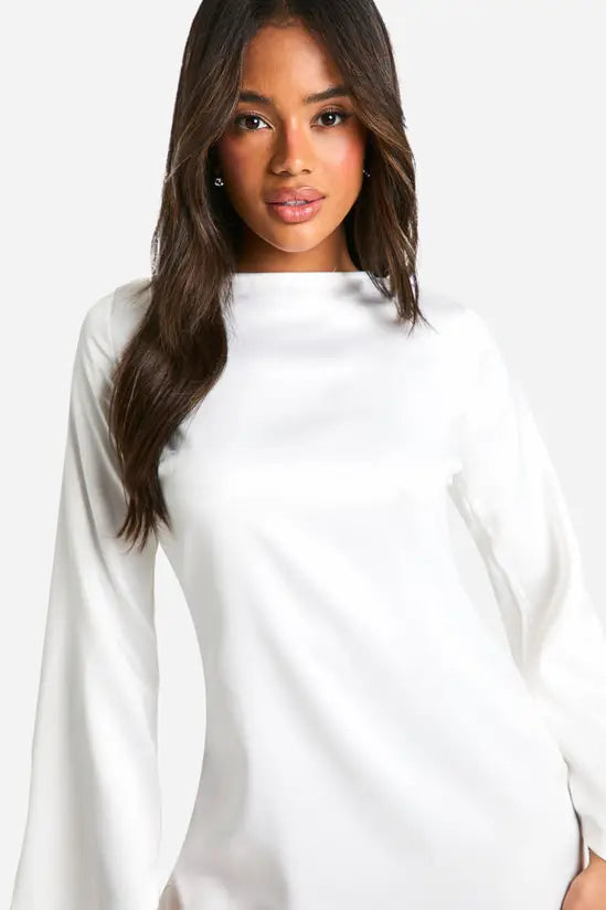 boohoo Satin Flared Sleeve Cowl Back Mini Dress