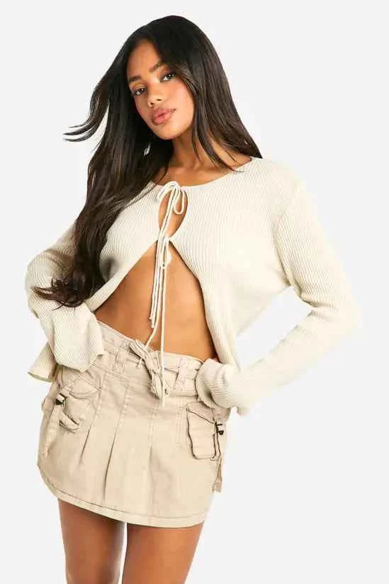 boohoo Cargo Tie Waist Washed Mini Skirt