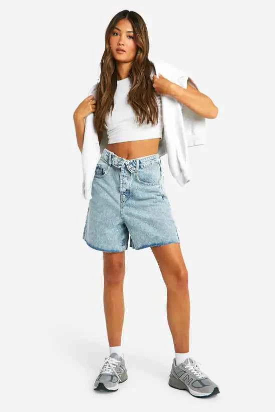 boohoo Folded Waistband Longline Denim Short