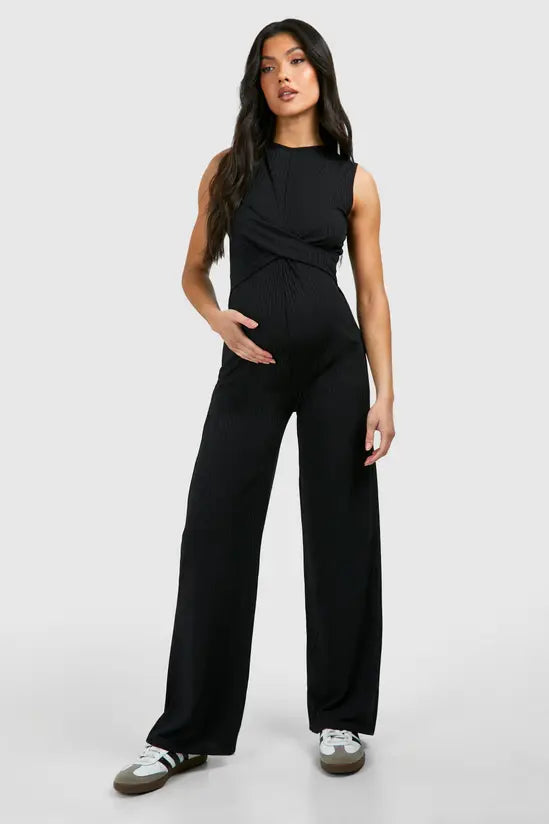 boohoo Maternity Rib Sleeveless Knot Detail Lounge Jumpsuit