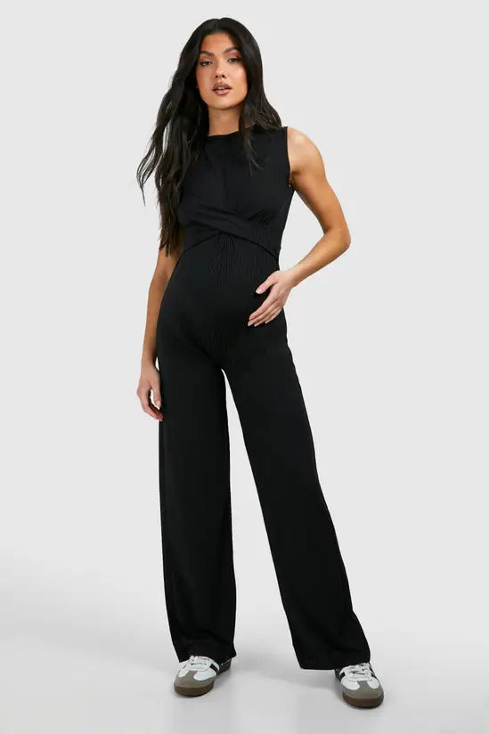 boohoo Maternity Rib Sleeveless Knot Detail Lounge Jumpsuit