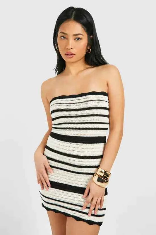 boohoo Petite Crochet Stripe Bandeau Mini Dress