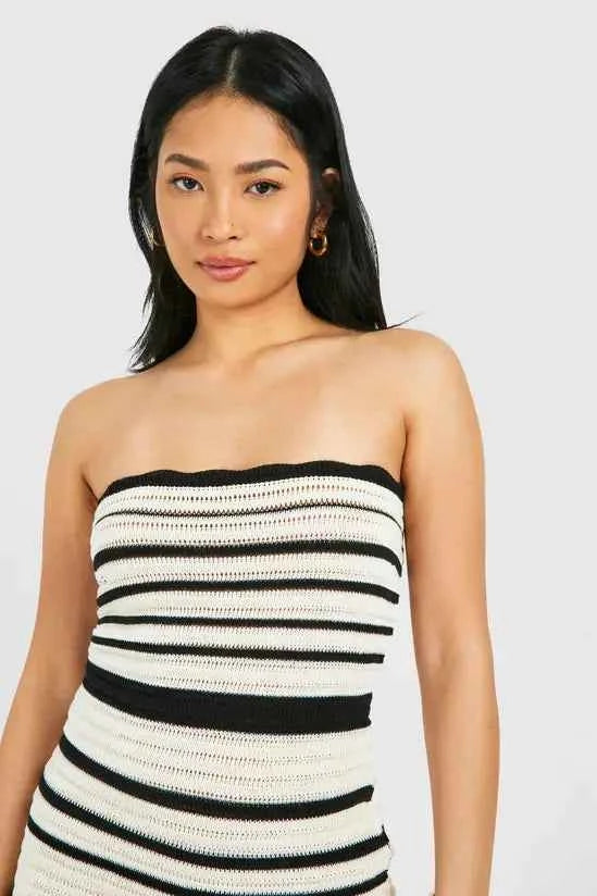 boohoo Petite Crochet Stripe Bandeau Mini Dress